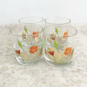 Pls Read MCM Couroc Low Ball Vintage Tumblers (4) Drinking Glasses Poppy Flower